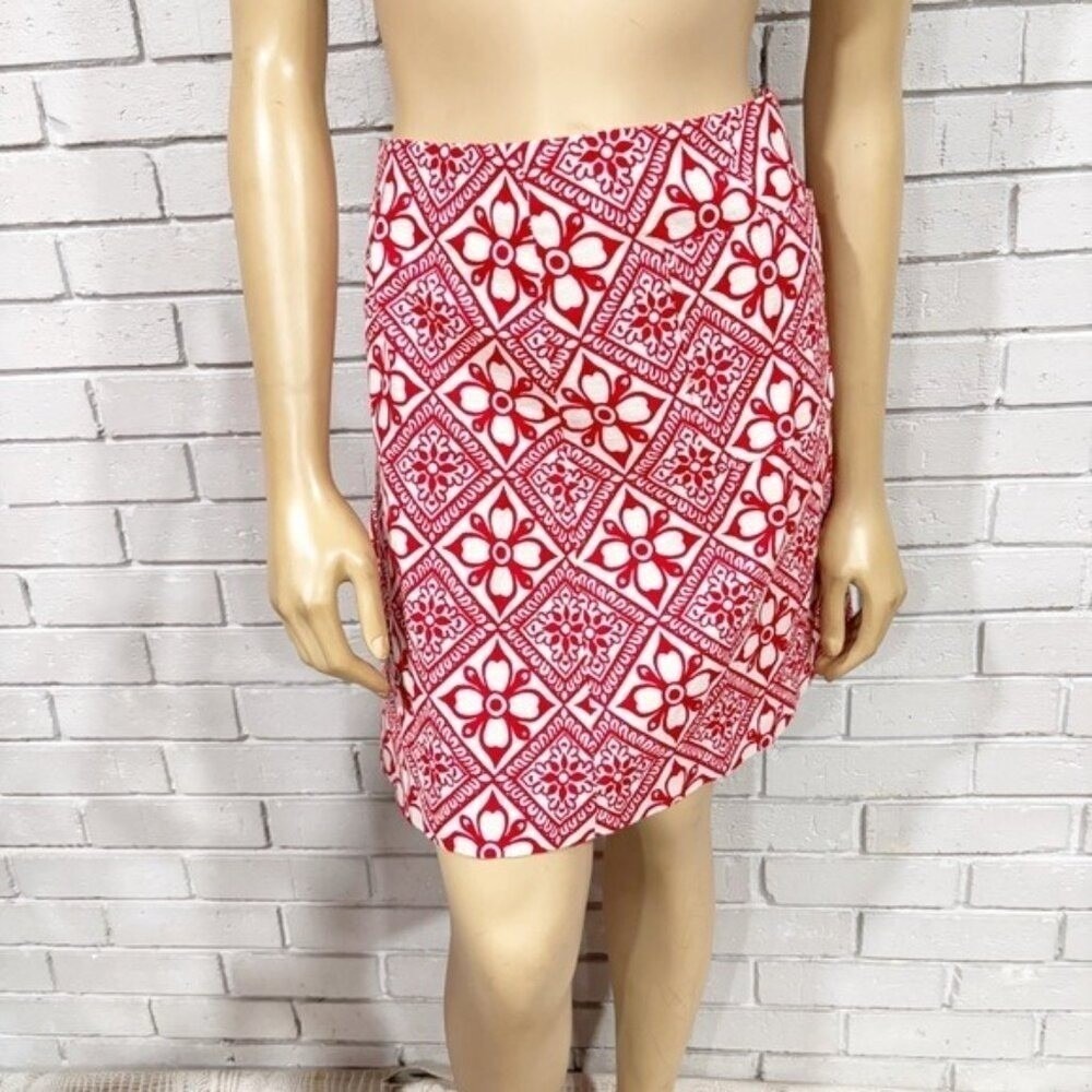 Boden Red and White Geometric Floral Tile Print A-Line Mini Skirt | Size 20‎